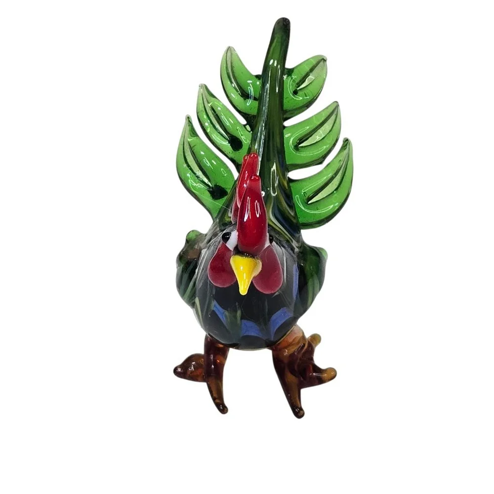 Pier 1 Imports Ranger the Rooster Glass Figurine Farm Bird Green Red with Box